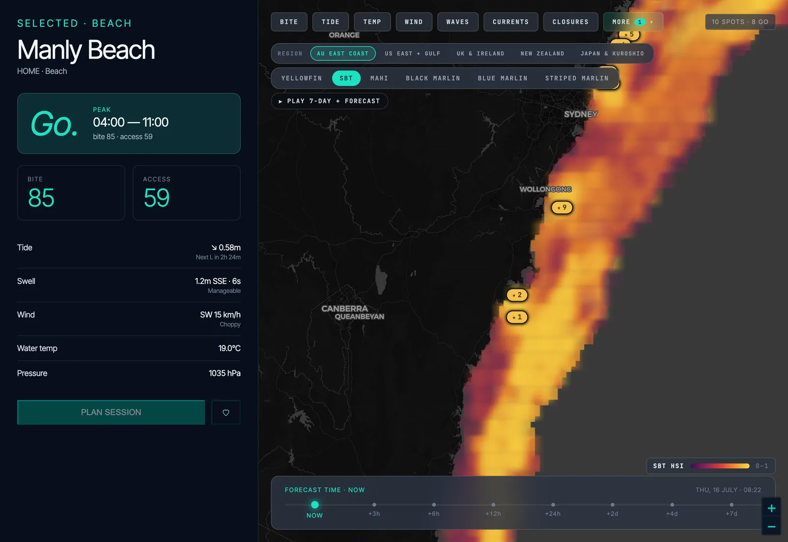Fishare offshore map with the live habitat heatmap and species selector over the NSW coast.