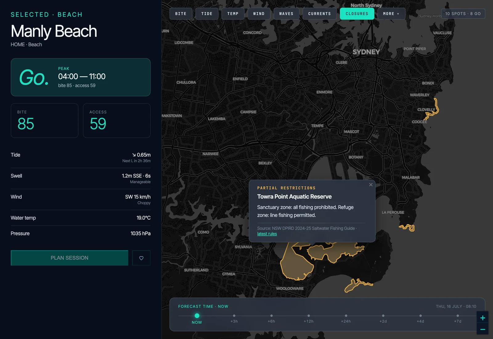 Fishare map showing Sydney aquatic reserves as closure polygons with a rule popup open.