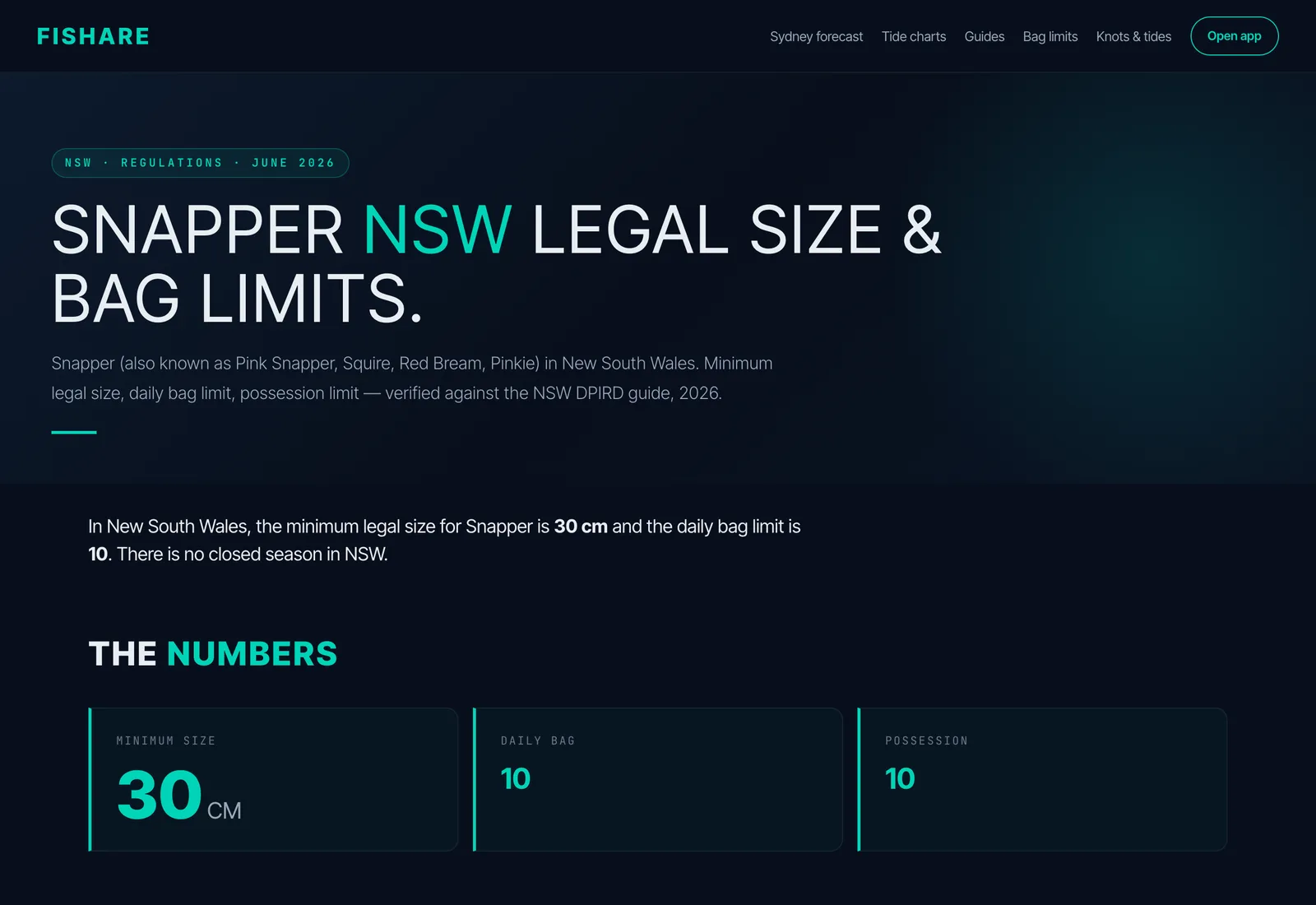 Fishare NSW snapper regulation page showing minimum size, bag limit and slot rule.
