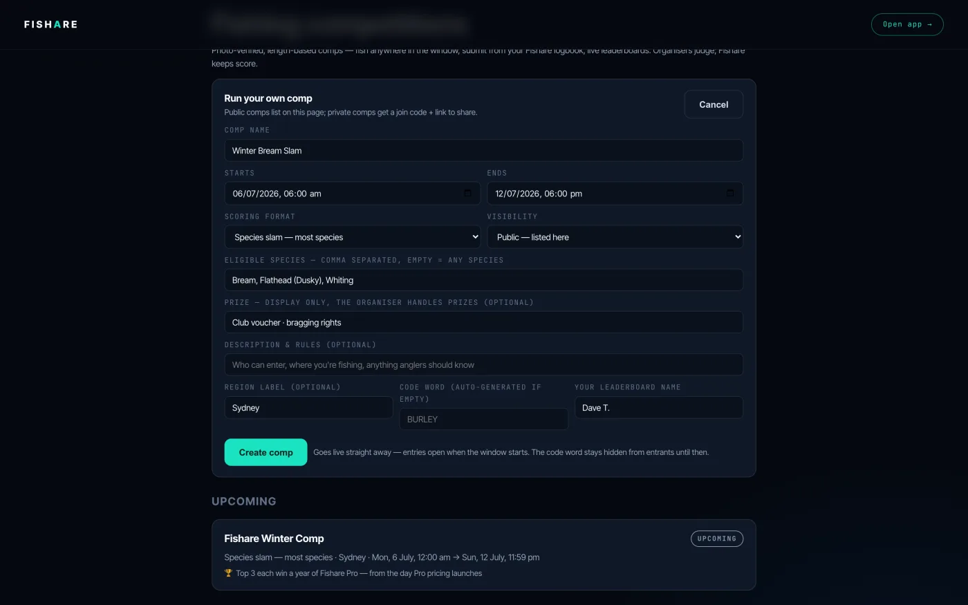 The create-a-comp form on Fishare — naming the comp, setting species, dates and scoring format.