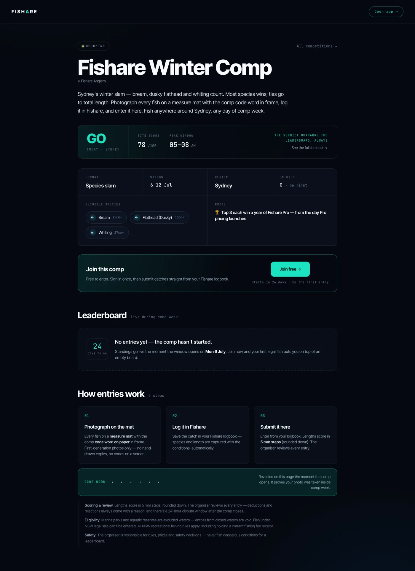 A live Fishare competition page with the countdown, target species and a photo-verified leaderboard.