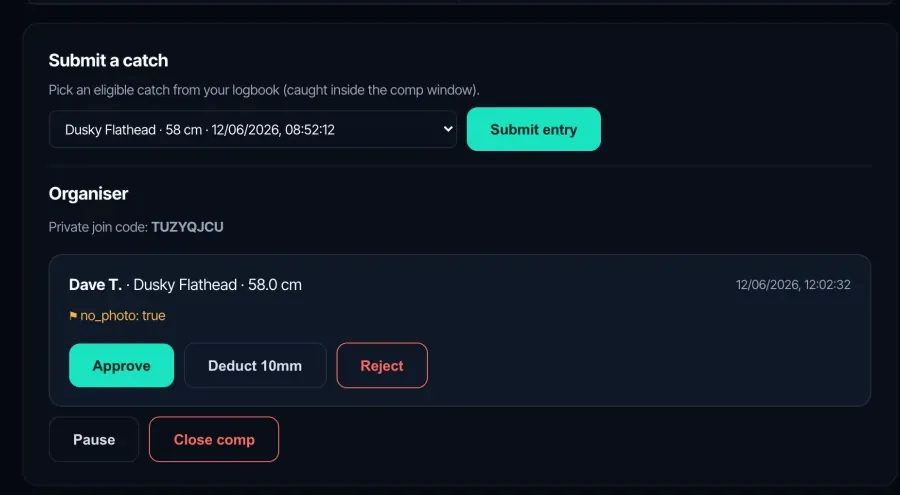 The organiser panel on a Fishare comp — an entry flagged no-photo waiting in the queue with Approve, Deduct 10mm and Reject buttons, plus Pause and Close comp controls.
