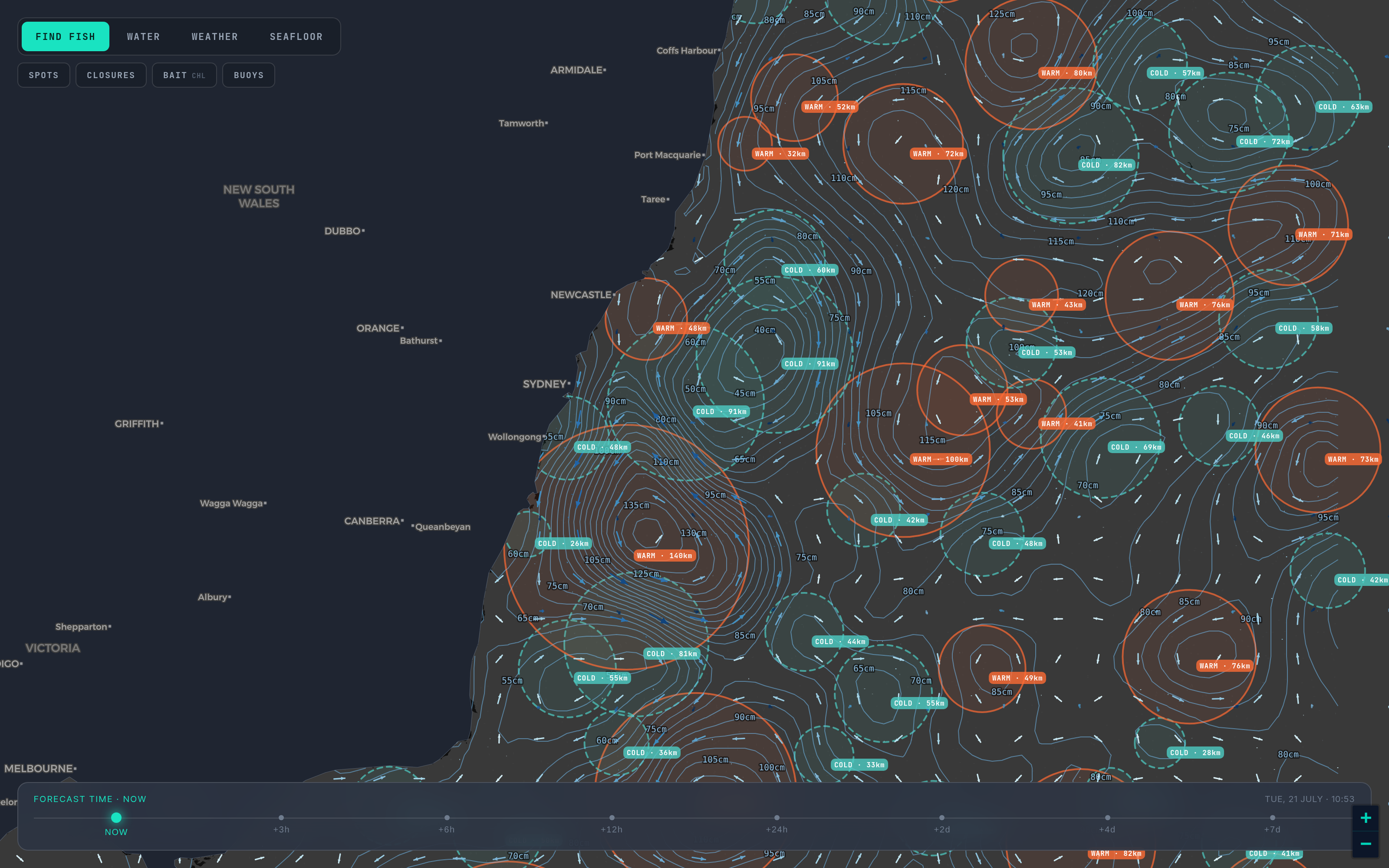 The Fishare eddy layer off the NSW coast — warm and cold-core eddies ringed and labelled with their diameter in kilometres, sea-surface-height contours labelled in centimetres, and current arrows across the field.