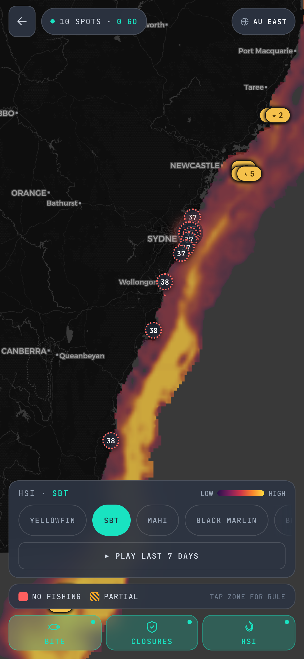 The daily habitat heatmap on a phone, shading the water by predicted habitat suitability.