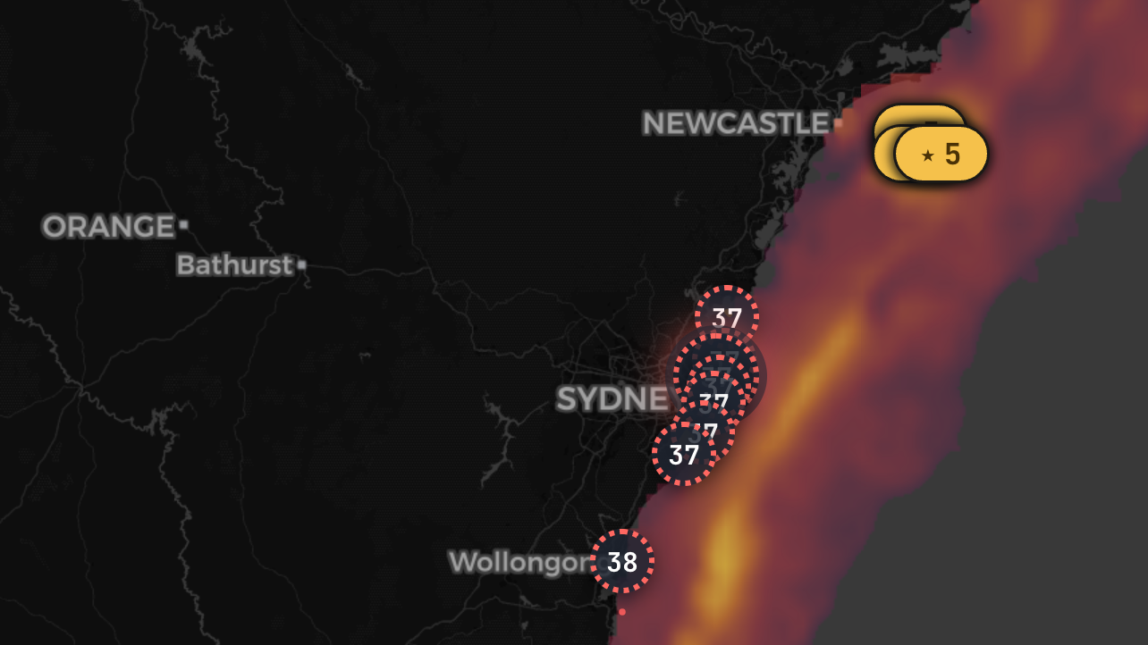 The Fishare habitat heatmap for southern bluefin tuna on the NSW shelf, with numbered top-spot pins along the bright band of suitable water.