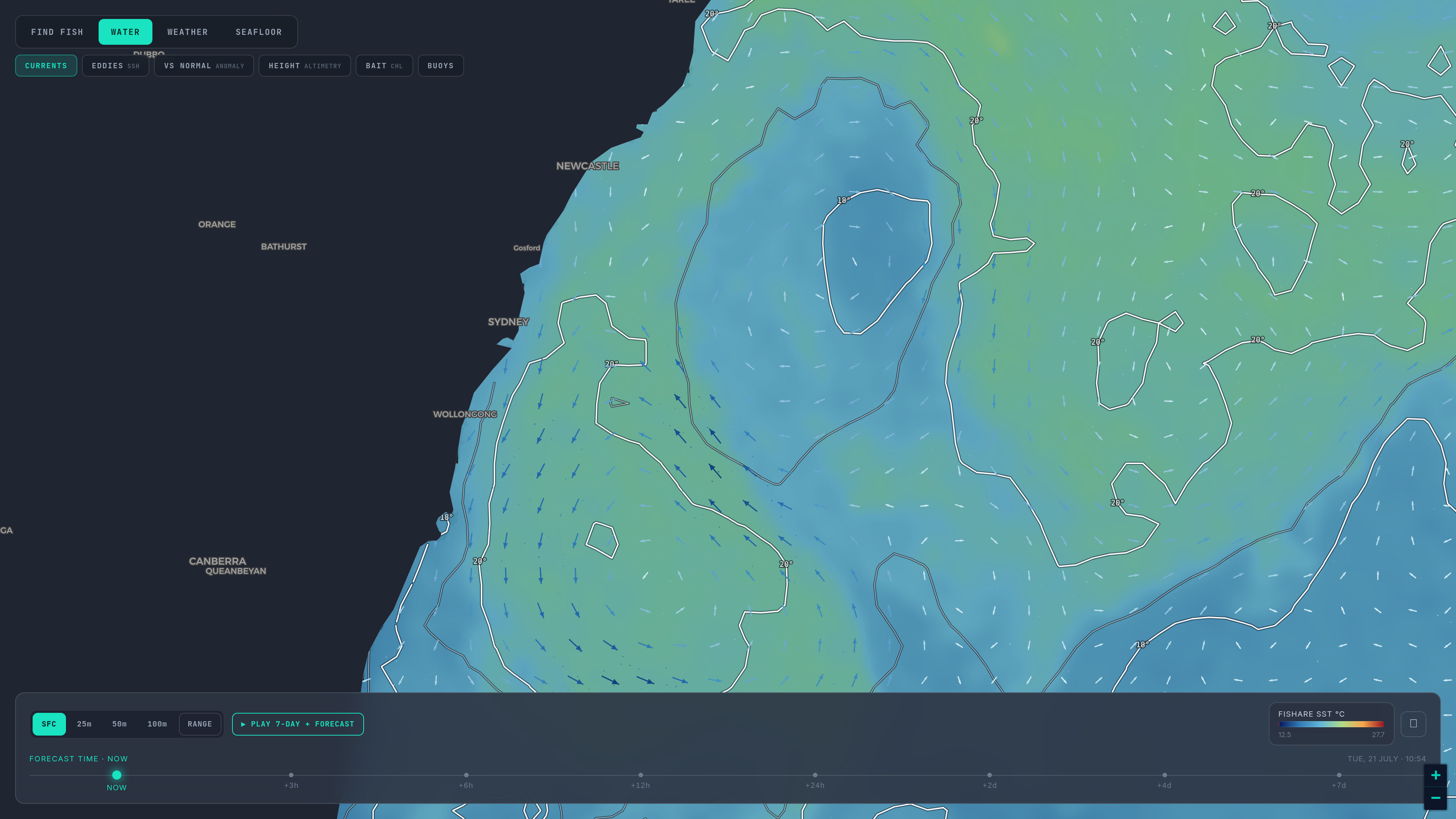 The Fishare map off Sydney — the daily sea-surface-temperature field with labelled isotherms, surface-current arrows, the SFC/25m/50m/100m depth selector and the 7-day playback control.