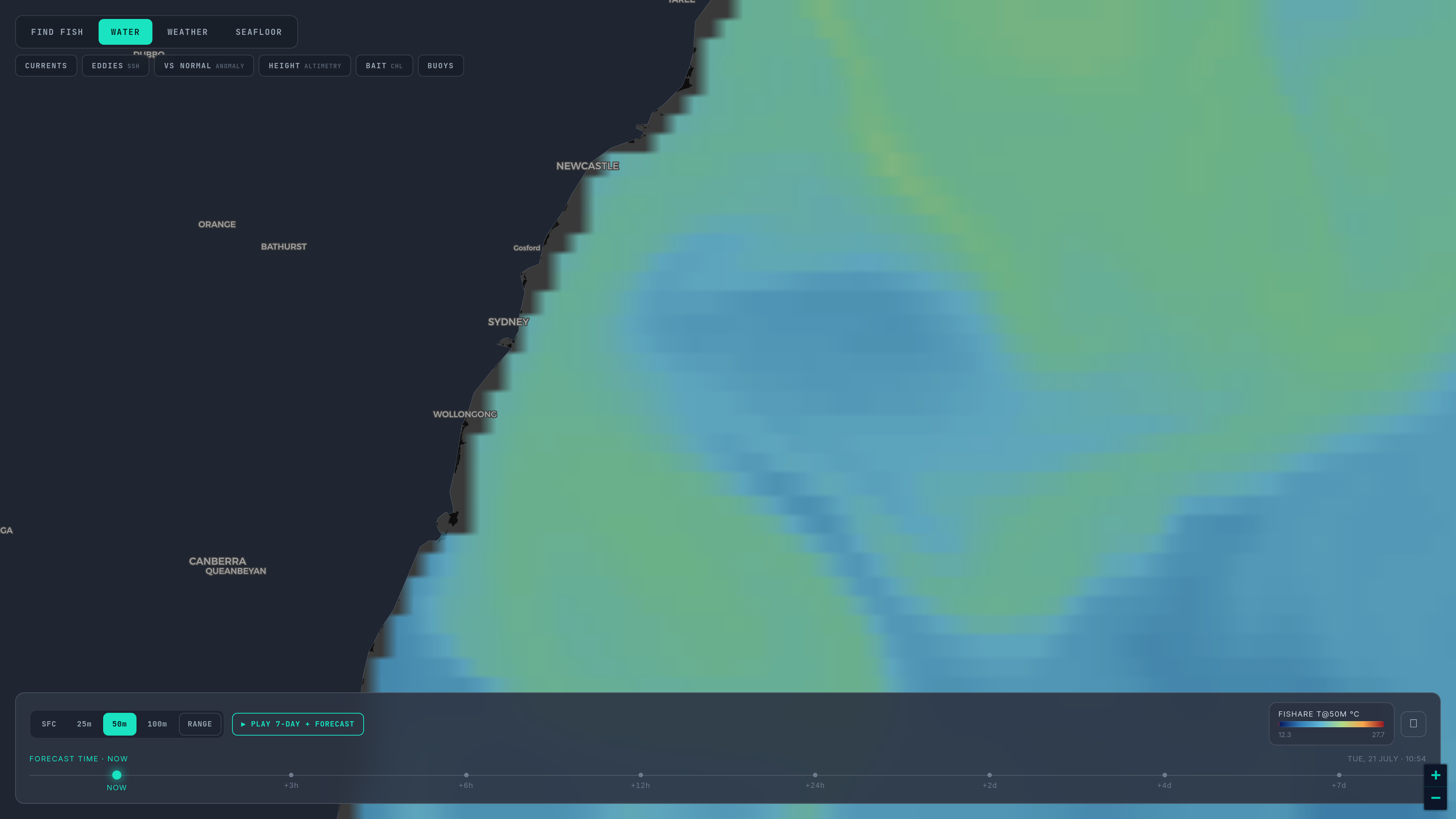 The Fishare temperature field off Sydney rendered at 50 metres depth, with the 50m depth button selected and the legend reading FISHARE T@50M °C.
