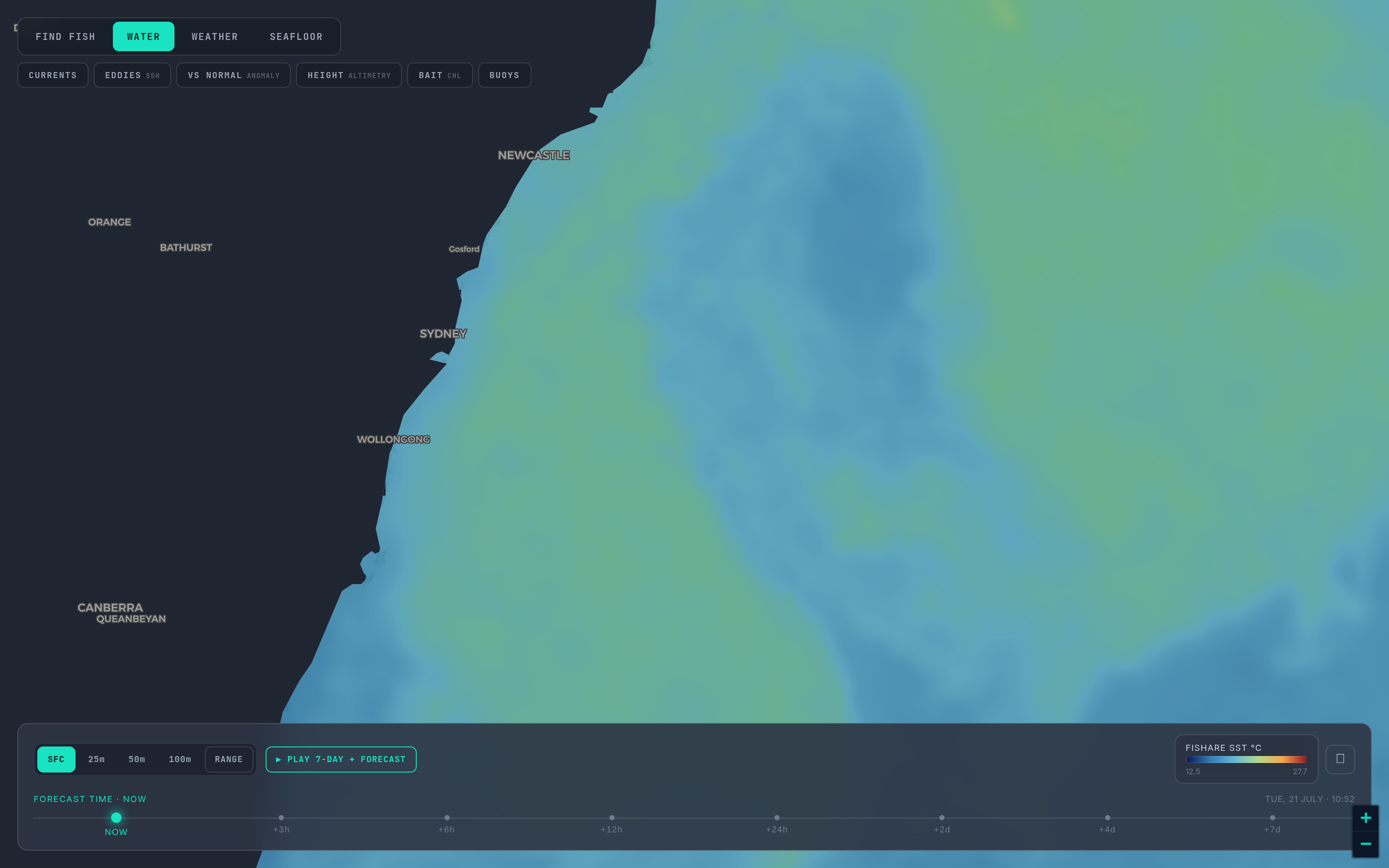 The Fishare map showing sea-surface temperature with the current breaks off the coast.